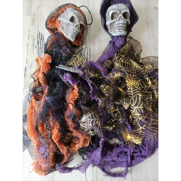 Spider web Grim Reaper AS IS hanging skeleton Halloween set decor - Picture 2 of 11